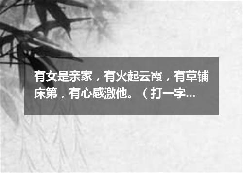有女是亲家，有火起云霞，有草铺床第，有心感激他。（打一字谜）
